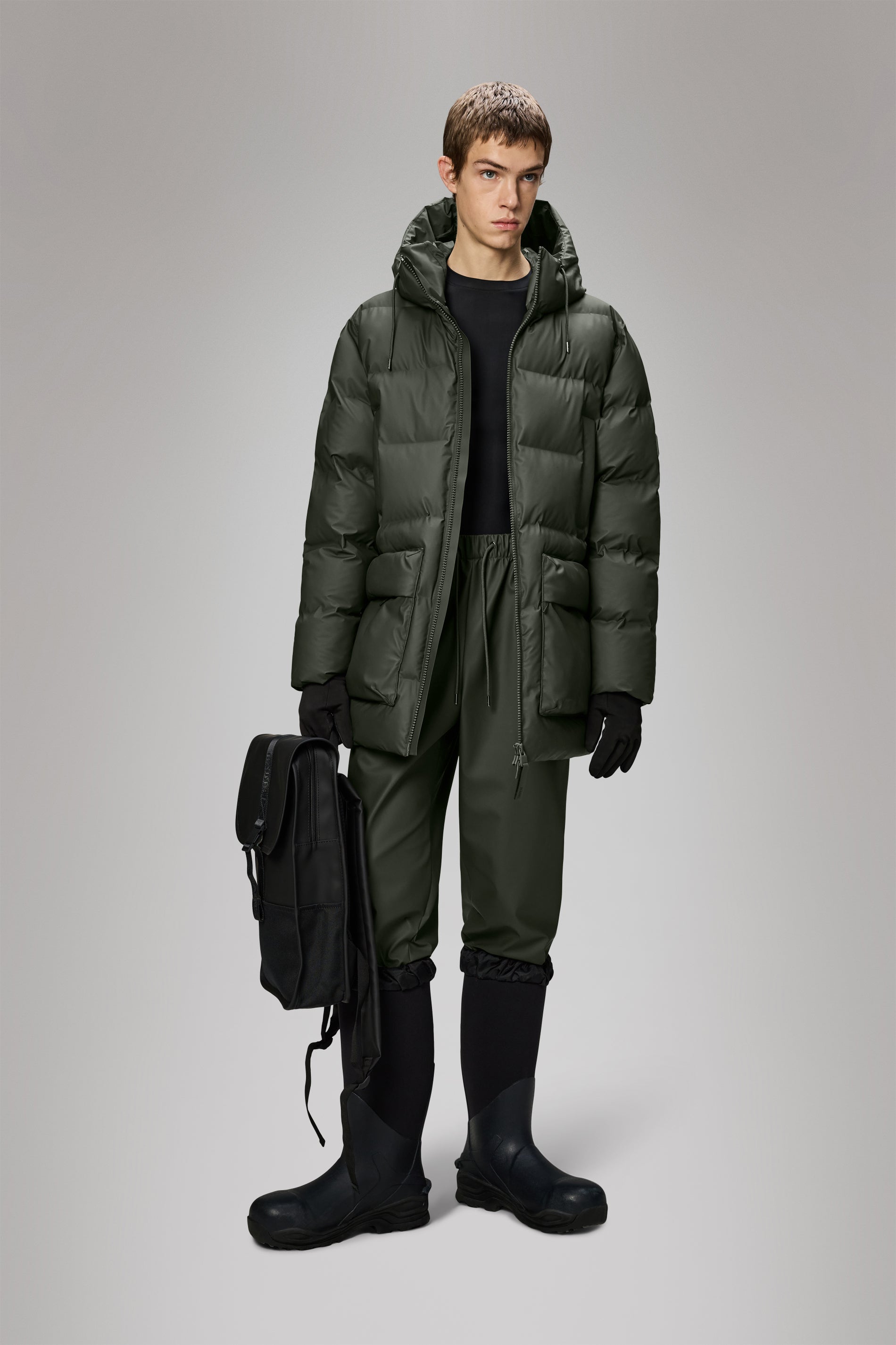 Rains Alta Long Puffer Cargo Jacket Green Jacket