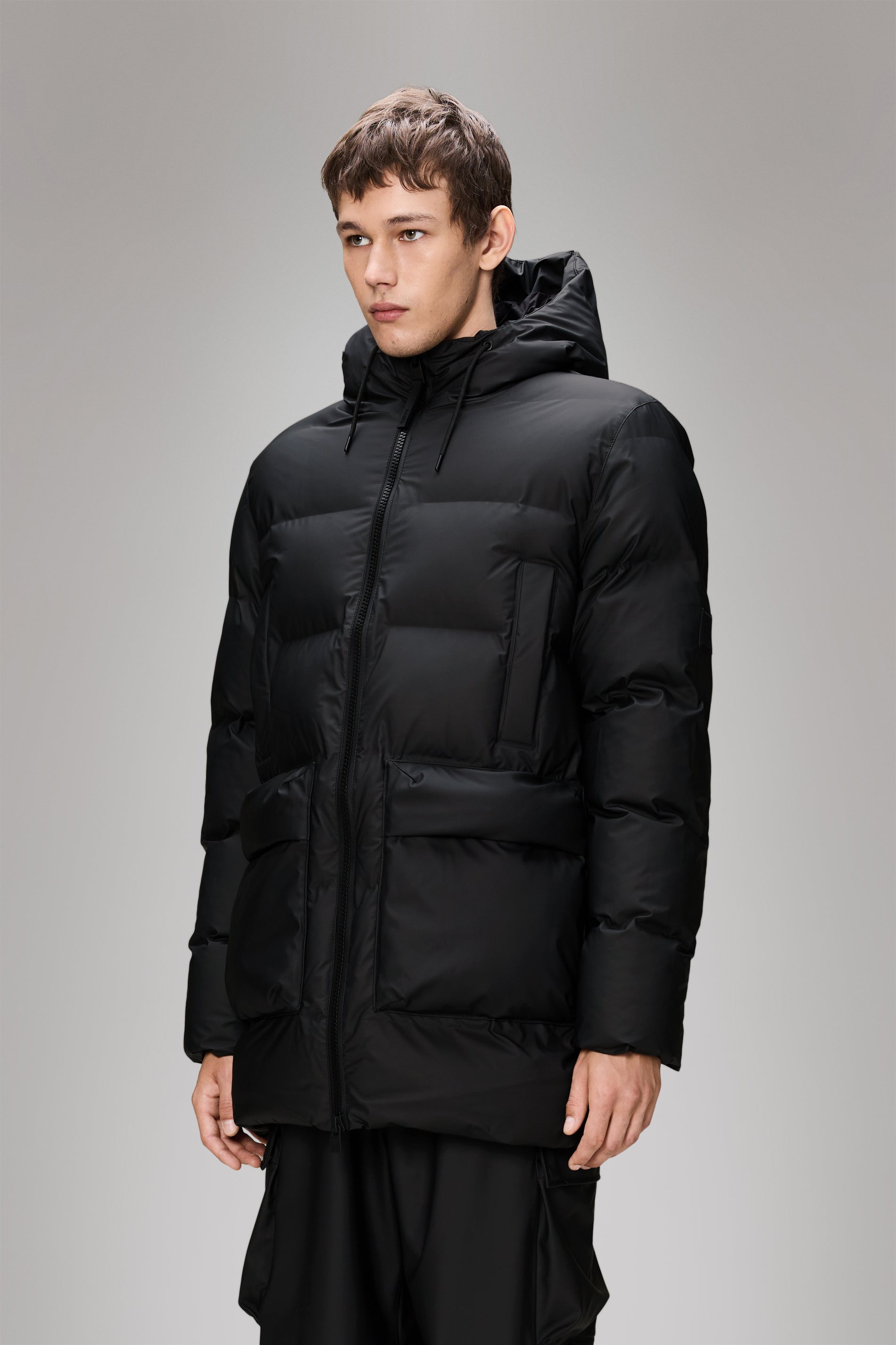 Rains Alta Long Puffer Cargo Jacket Black Jacket