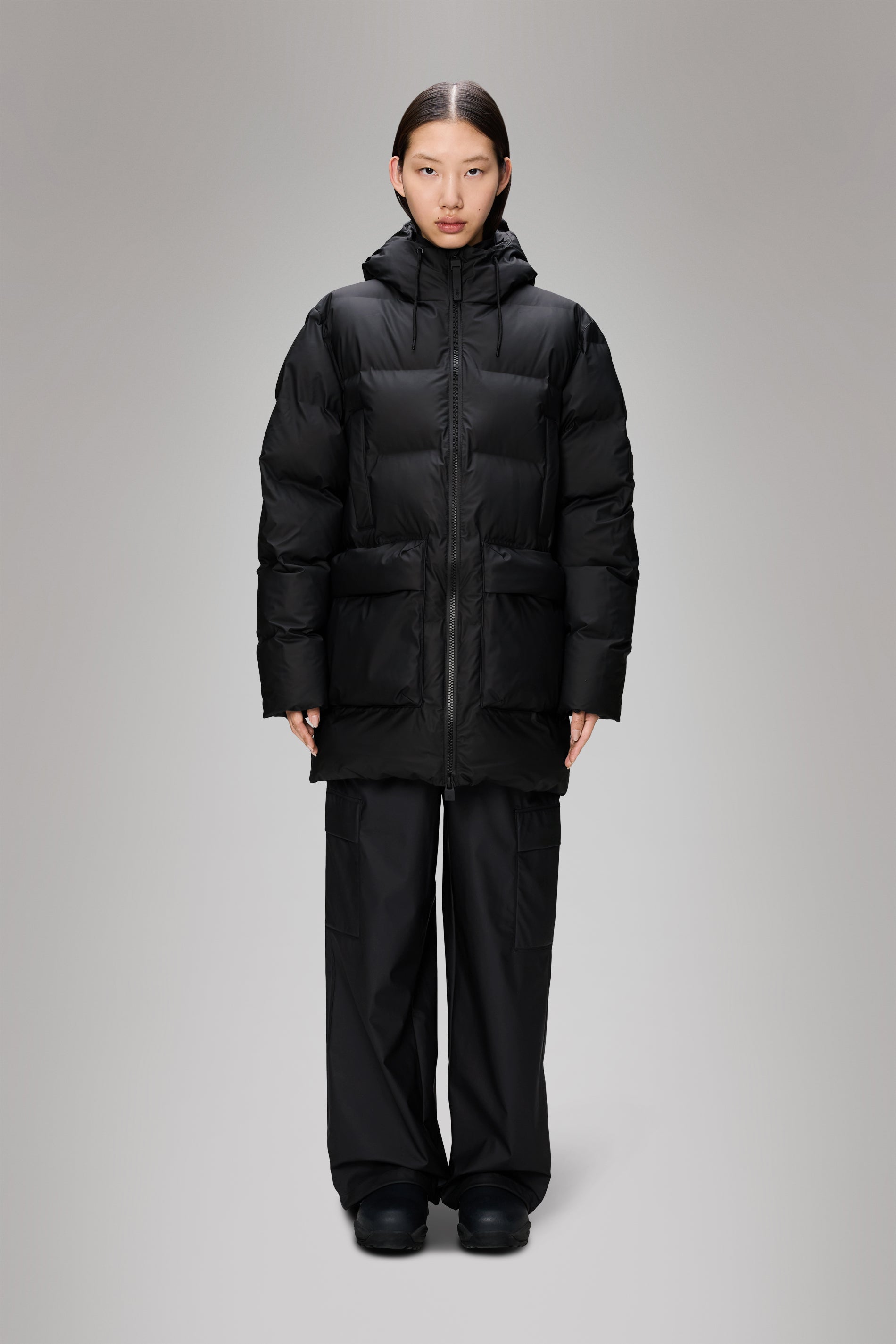 Rains Alta Long Puffer Cargo Jacket Black Jacket